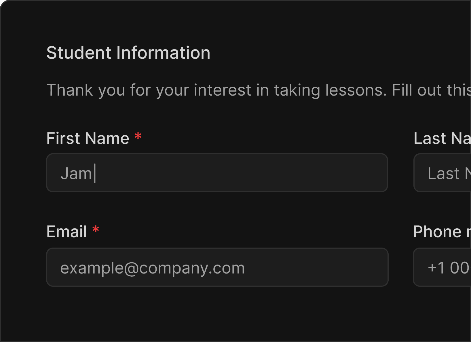 Integrated onboarding form - dark mode