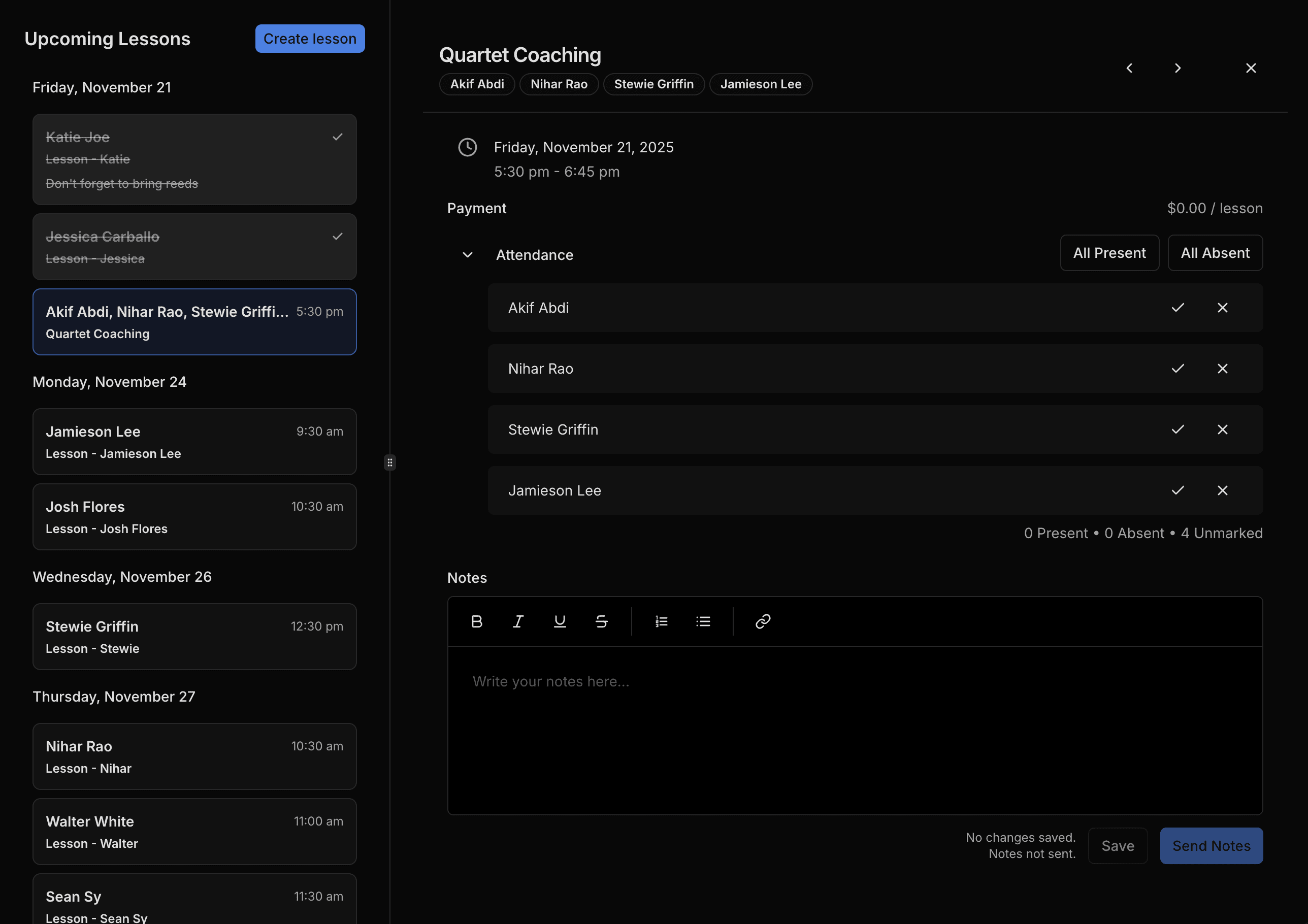 Lessons preview in dark mode